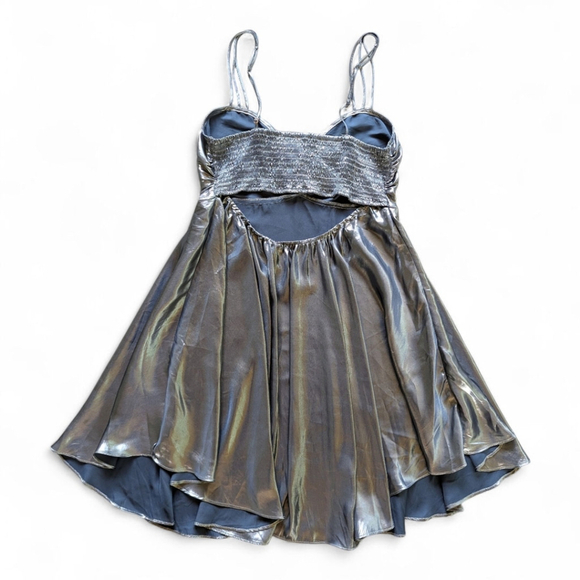 Free People Metallic Silver Mini Dress Sz S – Just Dance Babydoll Slip Y2K Vibes - Picture 5 of 13